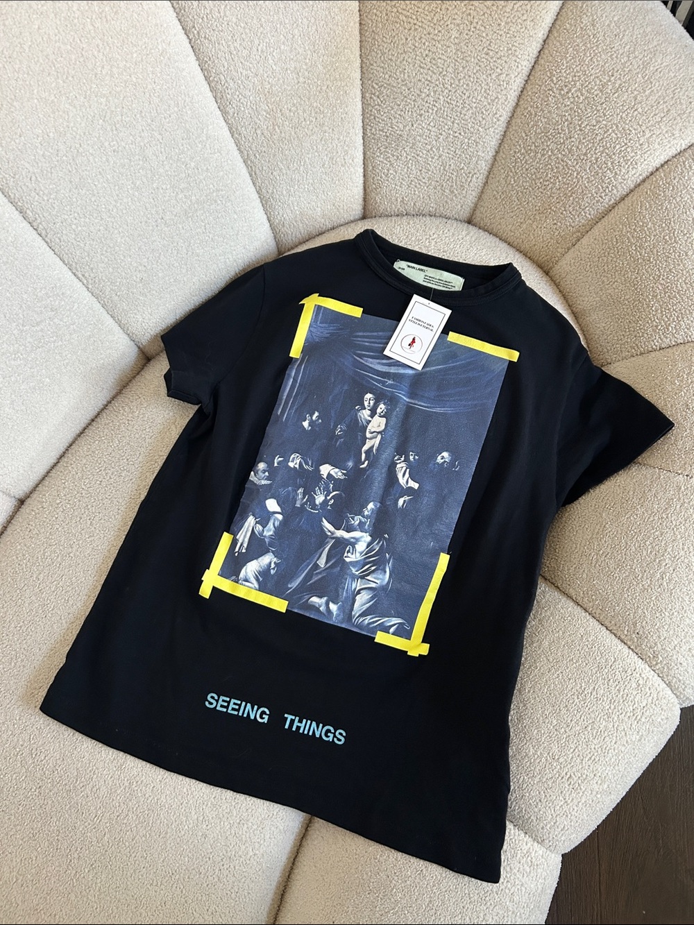 Off-White Black Graphic Short Sleeve Tee with Yellow Accents